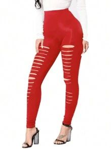 High-Waisted Skinny Ripped Hole Leggings - Red - View 1