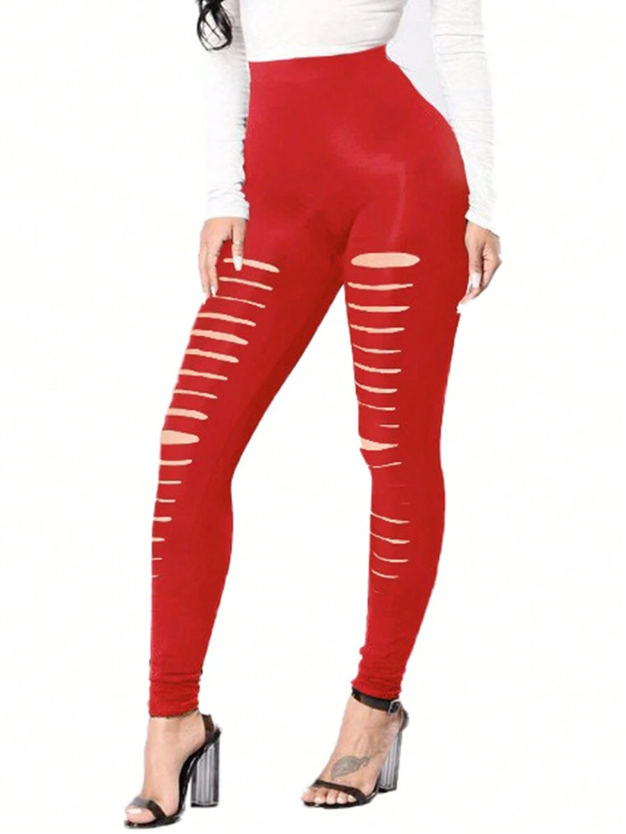 High-Waisted Skinny Ripped Hole Leggings - Red - View 1