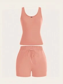 Slaydiva Women's Summer U-Neck Cropped Tank Top And Drawstring Pocket Shorts Set Outfits - Dusty Pink - View 3
