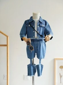 3 Stücke Baby Mädchen Lässig Fashionable weißes Weste Set mit modischer Kurzarm Denim Jacke und stilvollen abgeschnittenen Denim Hosen - Blau - Übersicht 1