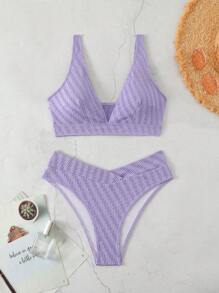 SHEIN Swim Women's Summer Beach Solid Textured  Bikini Set - Purple - View 4