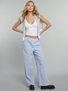 SHEIN EZwear 条纹亚麻女式低腰裤，夏季假期 - 藍白色 - 查看 7