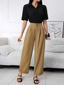 Mulvari Pantalon large tissé décontracté pour femmes, couleur unie - Kaki - Voir 5