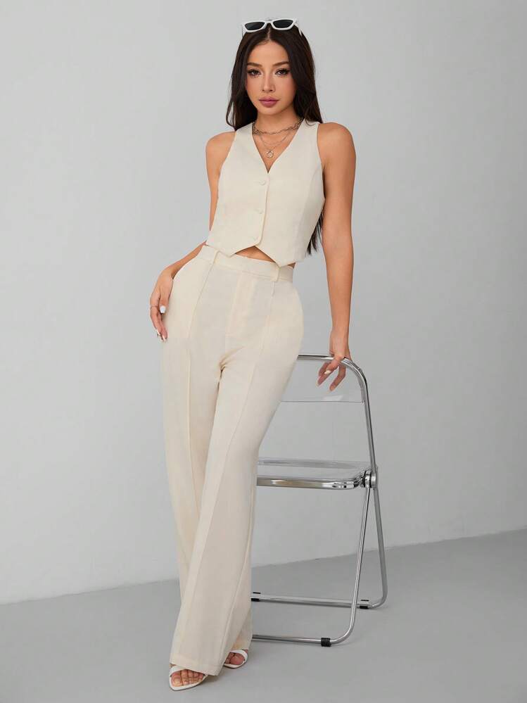 SHEIN PETITE Chaleco de traje tejido para mujer + Pantalones de traje - Albaricoque - Añade 7