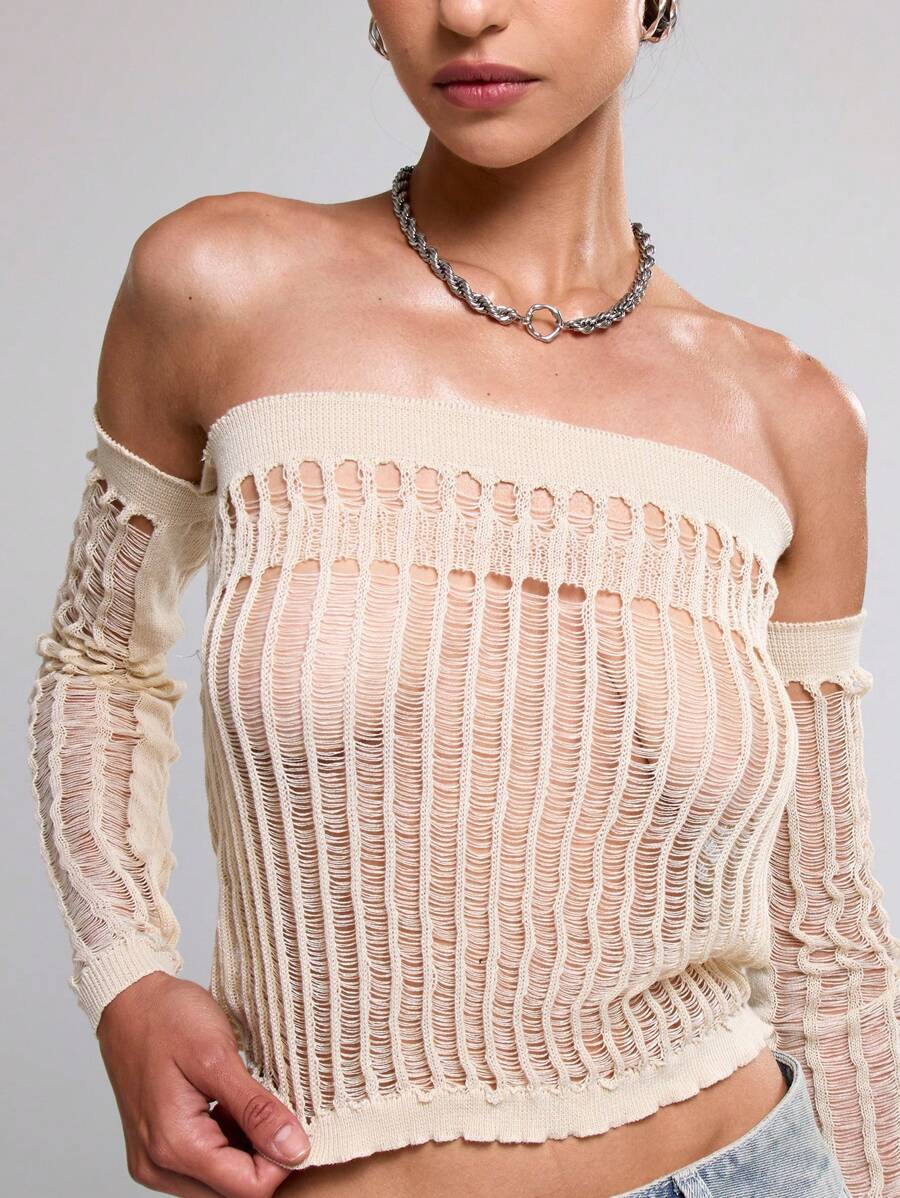 MUSERA Áo trễ vai đan vừa vặn - Màu be - Xem 1