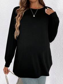 SHEIN Maternity Solid Round Neck Long Sleeves Tee - Black - View 4