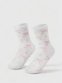 ROMWE Kawaii 1對可愛粉色蝴蝶結星星圖案白色中筒襪
