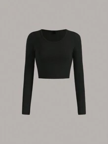 SHEIN EZwear 3pcs Basic Casual Round Neck Fleece Brushed Long Sleeve T-Shirt Crop Tops Set For Fall/Winter