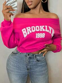 SHEIN SXY Plus Size Plus Size Off Shoulder Long Sleeve Letter Print Casual Sweatshirt, For Winter Fall Autumn