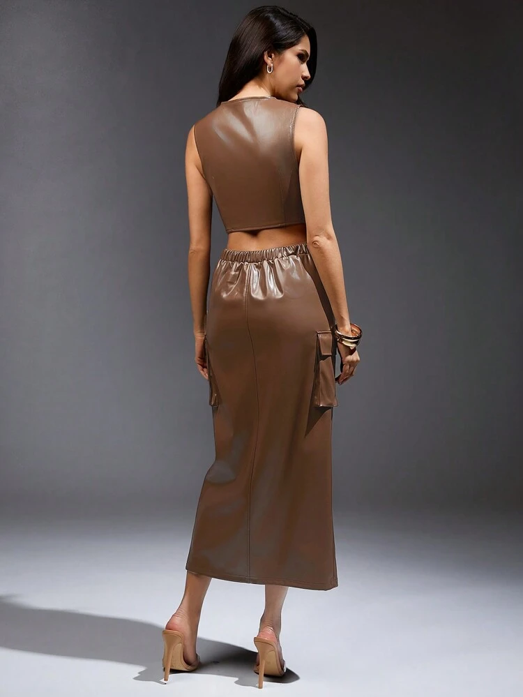 PU Leather Top & Cargo Skirt Two Piece Set