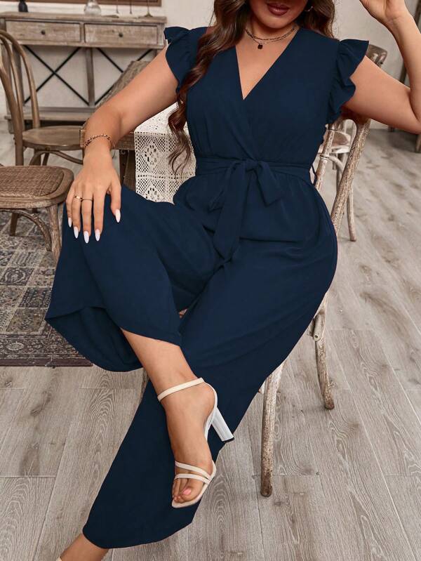 SHEIN LUNE Plus Ruffle Sleeve Belted Wide Leg Jumpsuit