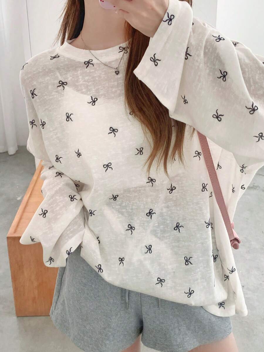 DAZY Bow Print Drop Shoulder Tee For Spring And Summer Sheer Long Sleeve Women Tops