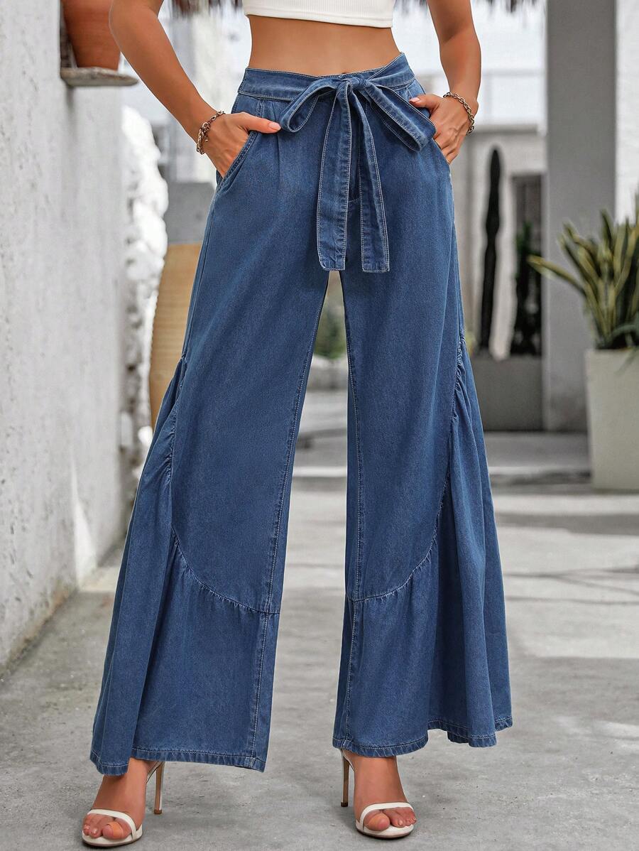 SHEIN Essnce Solid Color Belted Wide Leg Jeans, Casual - Dark Wash - View 1
