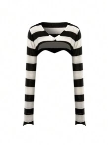 INAWLY Kvinnors färgblock Kort fashionabel och enkel långärmad tröja - Svart och Vitt - Visa 3