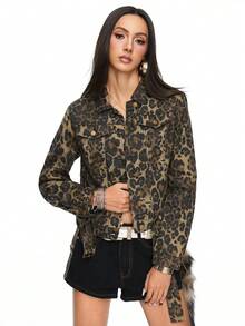 ROMWE J-Fashion Áo khoác denim họa tiết da báo Y2K It Girl cổ điển của Shibuya, trường học - màu nâu - Xem 5