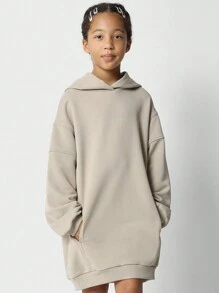 SUMWON 少女常规款套头连帽连衣裙，带缝线和小印花，适合度假穿着 - 卡其色 - 查看 3