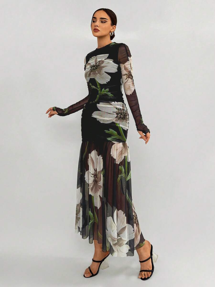 Aloruh Romantic Date Ruched Long Sleeve Printed Mesh Black Dress With ...