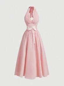 SHEIN MOD Vestido midi amarillo maíz con cuello halter y detalle de fruncido en la cintura con lazo frontal, estilo de verano para mujeres - Rosa - Ver 1
