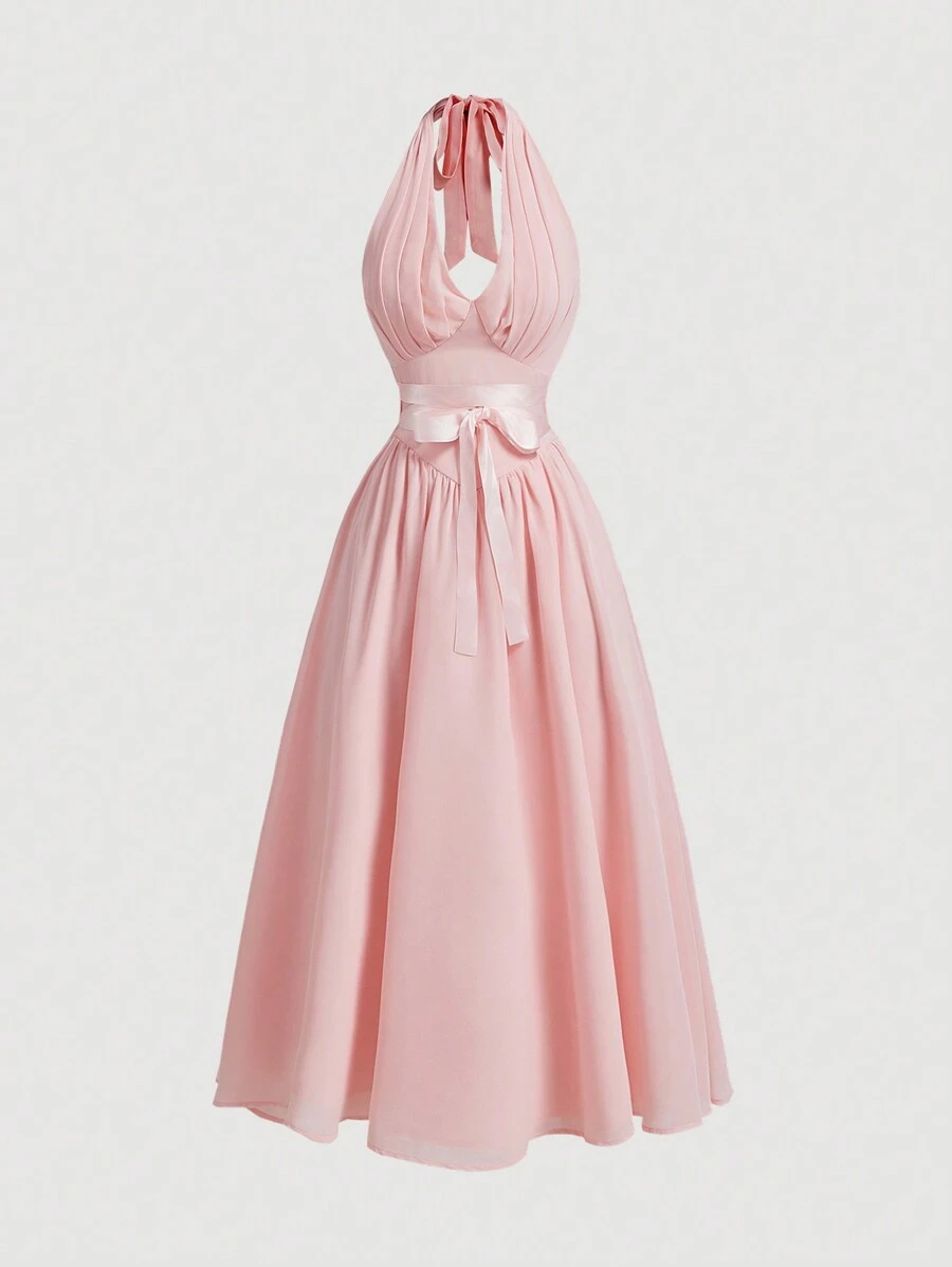 SHEIN MOD Vestido midi amarillo maíz con cuello halter y detalle de fruncido en la cintura con lazo frontal, estilo de verano para mujeres - Rosa - Ver 1
