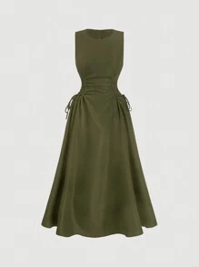 SHEIN MOD Plus Size Green Date Night Side Cross Tie Solid Ruched Dress, Western, Vintage, Back To School, Work, For Summer,Graduation Dress,Birthday Dresses For Women - Army Green - View 1