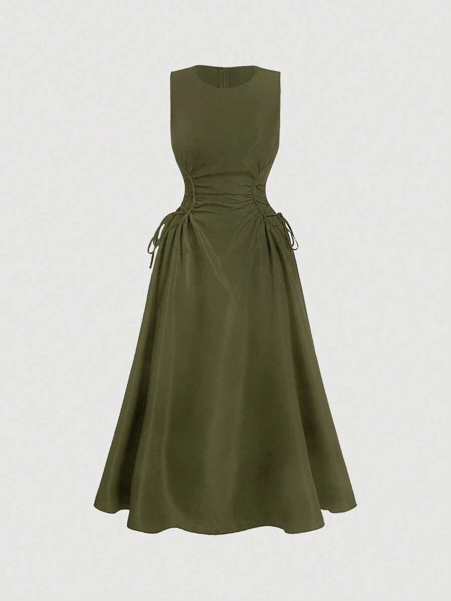 SHEIN MOD Plus Size Green Date Night Side Cross Tie Solid Ruched Dress, Western, Vintage, Back To School, Work, For Summer,Graduation Dress,Birthday Dresses For Women - Army Green - View 1