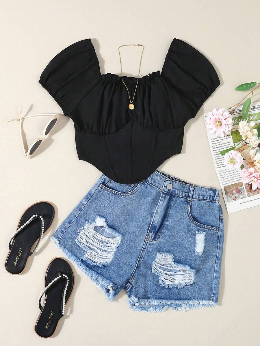 SHEIN Teen Girls' Simple Ruched Short Sleeve Top And Shorts Set - Multicolor - View 1