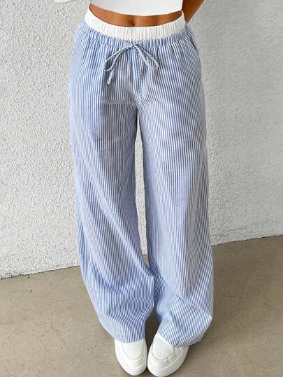 SHEIN Tween Girl Comfortable Simple Loose Fit Wide-Leg Pants With Contrast Color Trim, Mid-Waist