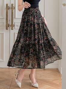 DAZY Falda con volantes con estampado floral diminuto, conjunto de ropa de vacaciones para mujer - Negro - Ver 1