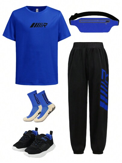 SHEIN Tween Boy Fluorescent Color T-Shirt & Letter Printed Sweatpants Set