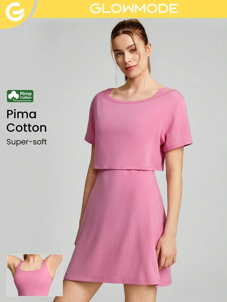 GLOWMODE Pima Cotton Two-Piece Active Midi Dress Set Daily Casual - Pink - View 1
