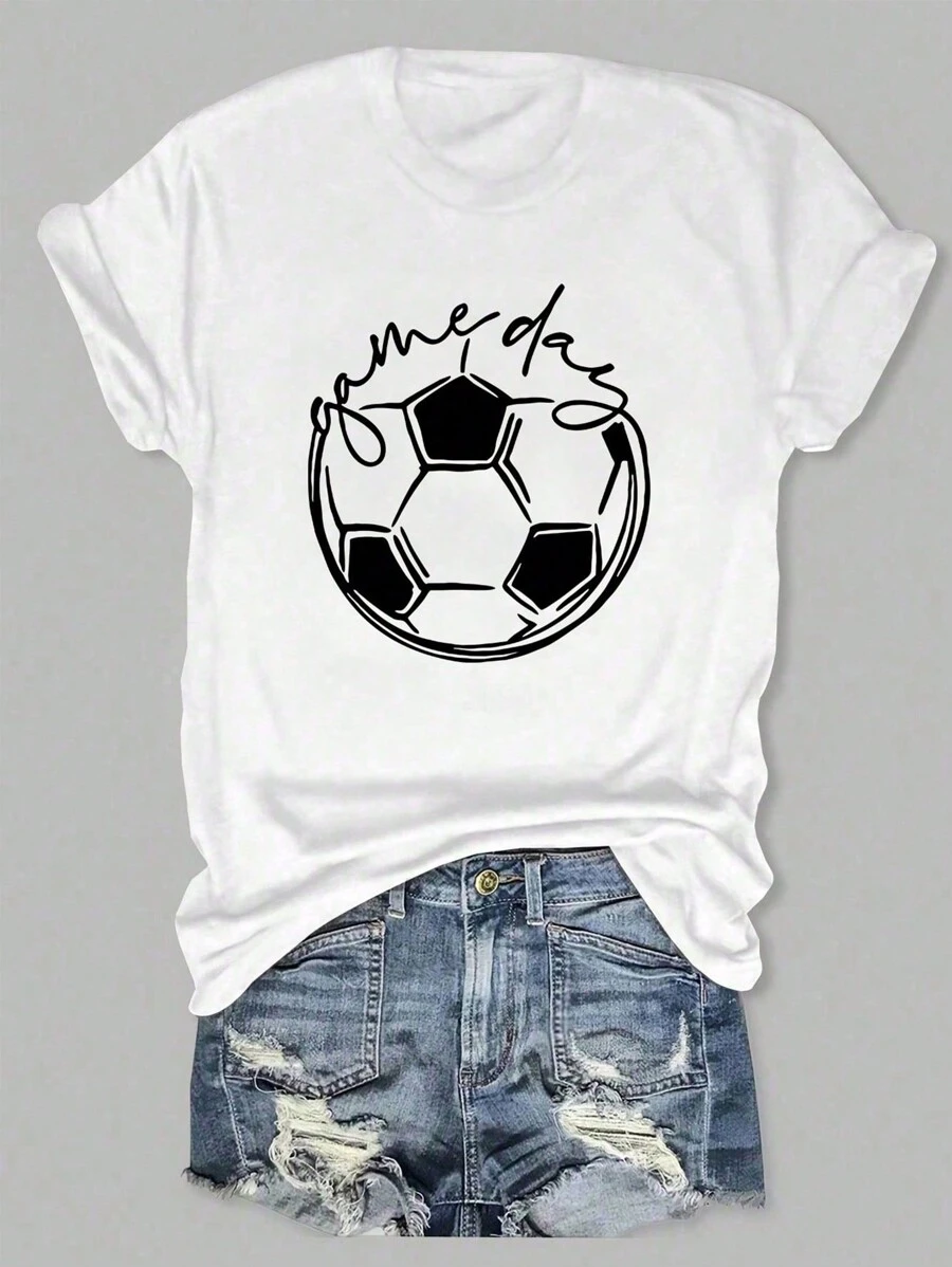 INAWLY Áo phông in hình Ngày thi đấu bóng đá, Áo phông thường ngày tay ngắn cho nữ, Áo phông họa tiết mùa xuân/hè cho nữ - trắng - Xem 1
