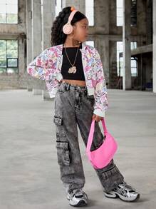 SHEIN 中學女孩連帽塗鴉印花時尚韓風春秋連帽衫