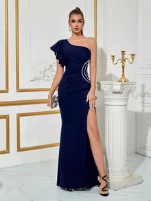 ADYCE Đầm dạ hội dự tiệc màu trơn một bên vai, eo đính hạt, xẻ tà phía trước, hở lưng, trang trọng, thanh lịch, dự tiệc cưới, tốt nghiệp, tiệc tối - Màu xanh hải quân - Xem 6