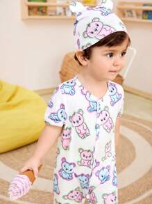 SHEIN Baby Boys' Cute Animal Print Short Sleeve Footie Pajamas - White - View 6