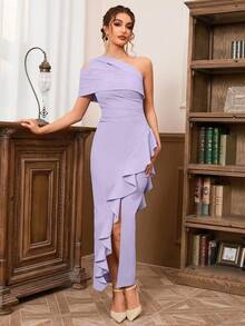 斜肩性感露肩褶皱开衩荷叶边裙优雅鸡尾酒会半正式婚礼宾客礼服，适合生日、毕业典礼、晚宴、返校节 - 紫色 - 查看 4