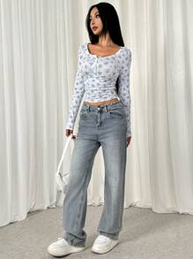 SHEIN EZwear Floral Printed Long Sleeve Button-Up Slim Fit T-Shirt - Blue and White - View 6