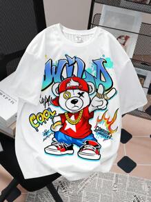 SHEIN Teen Boy Casual Simple Cartoon Bear Letter Printed Round Neck Short Sleeve T-Shirt, Summer