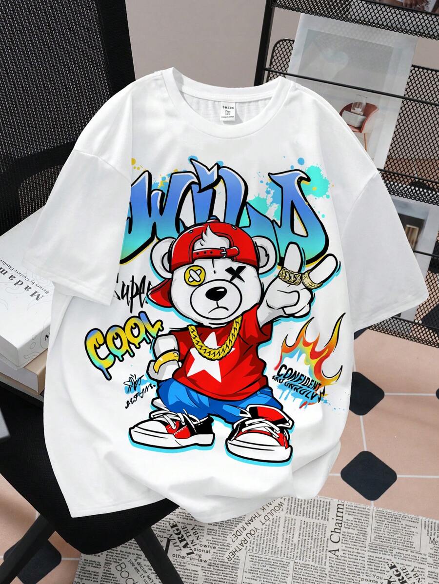 SHEIN Teen Boy Casual Simple Cartoon Bear Letter Printed Round Neck Short Sleeve T-Shirt, Summer