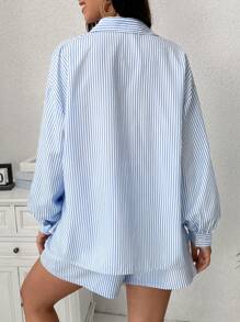 SHEIN Maternity Striped Print Drop Shoulder Shirt & Shorts - Blue - View 5