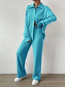 SHEIN EZwear Solid Crop Tube Top & Drop Shoulder Shirt & Pants For Dailywear