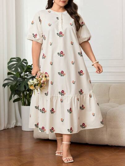 Modelyn Plus Size Floral Print Ruffle Hem Smock Dress For Holiday, Dress Perfect For Beach/Casual/Vacation/Homewear