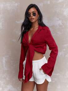 MISSGUIDED Tying Knot Detail Linen Long Sleeve Crop Shirt Blouse