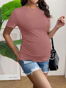SHEIN Maternity Solid Color Simple Daily Short Sleeve T-Shirt - Coral Pink - View 5