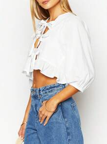 SHEIN BAE Tie Neck Ruffle Hem Crop Blouse - White - View 3