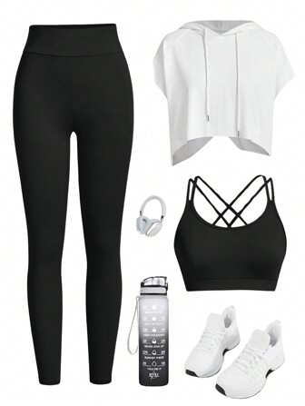 Gameset SHEIN Sport White Loose-Fitting Short Hooded Vest + Beige Slim & + Beige Skinny Pants, 3pcs/Set Fit Set Workout Women Setwomen Workout Set