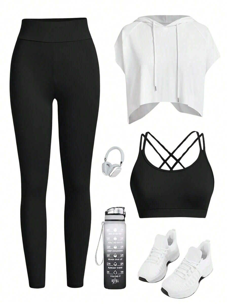 Gameset SHEIN Sport White Loose-Fitting Short Hooded Vest + Beige Slim & + Beige Skinny Pants, 3pcs/Set Fit Set Workout Women Setwomen Workout Set - Black and White - View 1