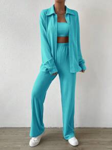 SHEIN EZwear Solid Crop Tube Top & Drop Shoulder Shirt & Pants For Dailywear