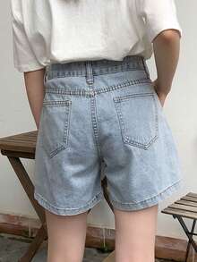 Solid Wide Leg Denim Shorts - Light Wash - View 3