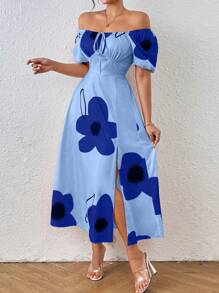 Chiquease Vestido maxi con estampado floral, hombros descubiertos, nudo en el frente y abertura en el muslo para mujeres - Azul - Ver 1