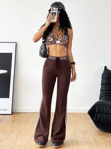 SHEIN EZwear Women's Brown Knitted Printed Flare Pants - Brown - View 1